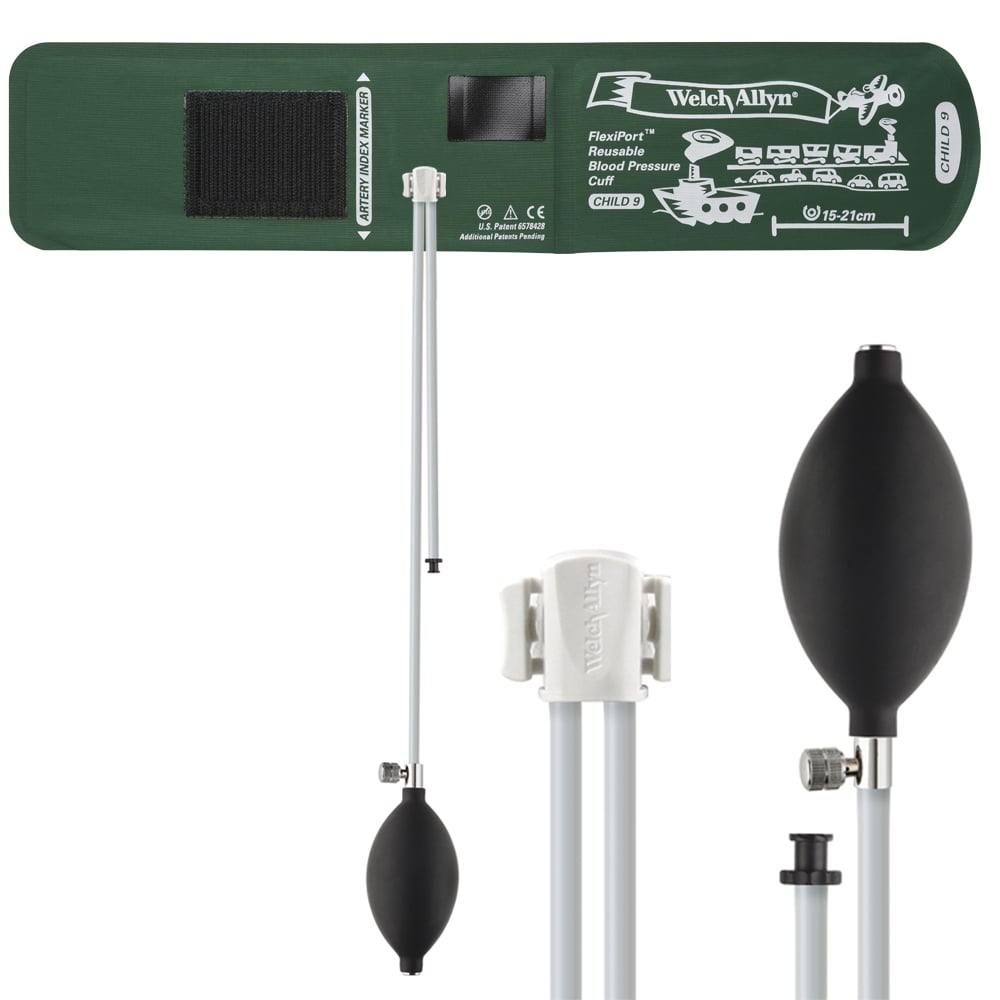 Welch Allyn FlexiPort Blood Pressure Cuff; Size-09 Child, Reusable, 2- Tubes (8.0 and 13.0 in/20.3 and 33.0 cm), Tri-Purpose (#5082-168) Connector and Inflation Bulb and Valve; Cuff Range 15-21 CM Welch Allyn